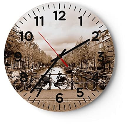 Modern Wanduhr Kanal Fahrräder Amsterdam Zentrum 30x30cm Rund Klein Wand Uhr Glas Analog Zimmeruhren Küche Büro Wohnzimmer Glasuhr Wall Clock Dekoration Design Wanddekoration Küchenuhr C4AR30x30-2971