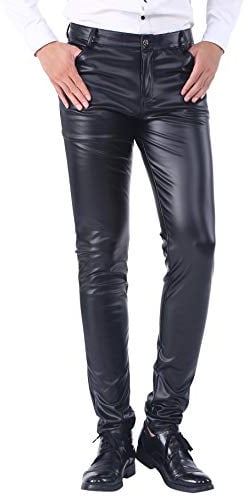 DUOLUNJINDUN Herren Slim Fit Hose aus PU Leder Elastisch Bikerhose Lederjeans Winddicht und Wasserdicht - Schwarz Größe 34