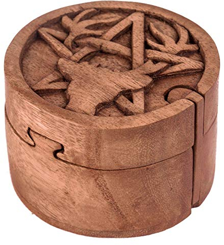 WINDALF Zauberdose CERNUNNOS Ø 9 cm Hirsch & Pentagramm Schmuckdose Handarbeit aus Holz