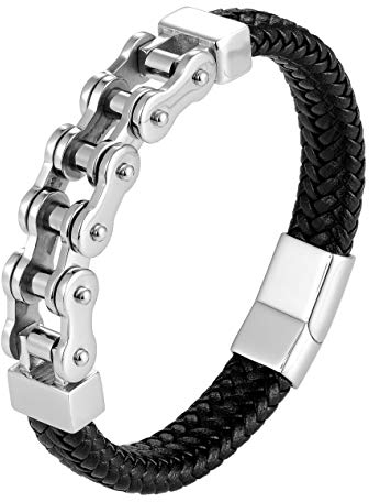 Men's Stainless Steel & Genuine Leather Bracelets – Various Designs in Silver, Black, and Polished Finishes – Rust & Discoloration Resistant – Jewelry Gift or Accessory for Men, 8.26, Leather, no