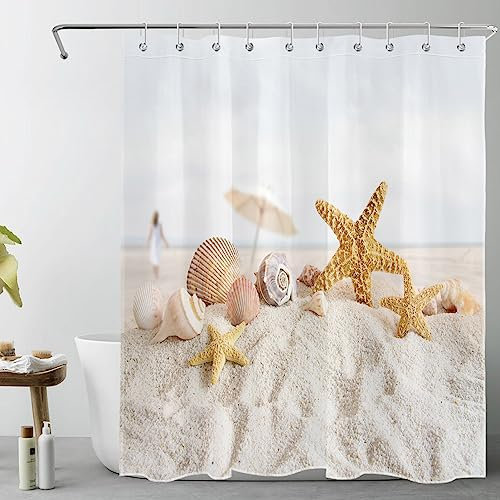 LB Duschvorhang Tropischer Strand 150x180cm Seestern und Muschel auf weißem Sand Bad Vorhang mit Haken Polyester Wasserdicht Antischimmel Badezimmer Vorhänge