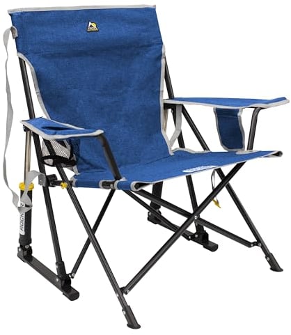 GCI Outdoor Kickback Rocker Campingstuhl | Tragbarer klappbarer Schaukelstuhl mit robusten Armlehnen, Getränkehalter und entspanntem abgesenktem Sitz für Komfort – meliert Königsblau