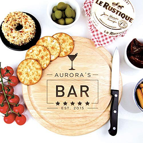 eBuyGB Personalised Wooden Chopping Board Gift, Round Serving Board, Round Laser Engraved Home Bar Sign Cutting Board, Home Pub Decor, Five Star Bar