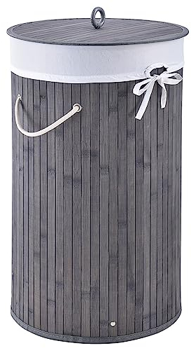 Juskys Bambus Wäschekorb Curly-Round Grau 55L - Hygienischer & Faltbarer Wäschekorb mit Deckel, Tragegriff & Wäschesack - Natürliche Bambus Optik