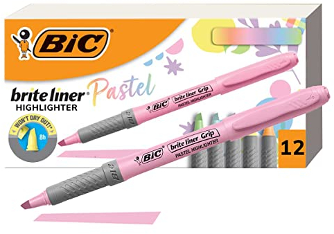 BIC Brite Liner Grip Textmarker, verschiedene Tintenfarben, Keilspitze, 12 verschiedene Pastell-Textmarker, 18 Stück