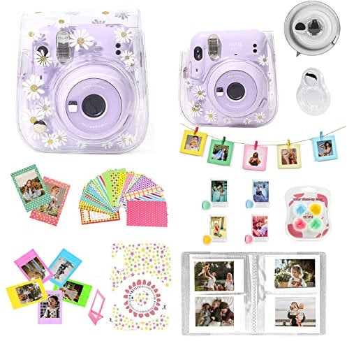 WOGOZAN Kit d'accessoires pour appareil photo instantané Fujifilm Instax Mini 11 (étui/album photo/miroir à selfie/cadres photo/autocollants photo et autres) (Marguerite transparente)