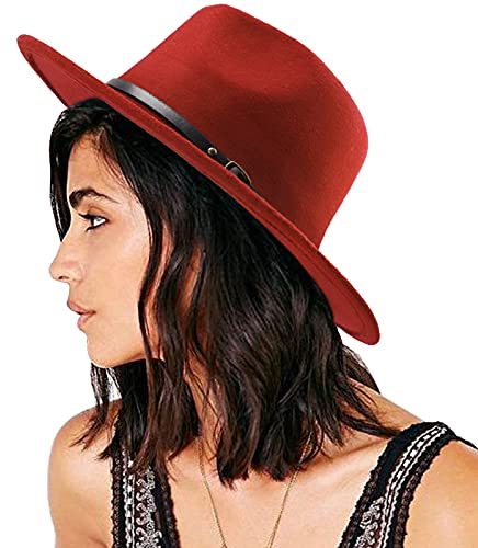 DRESHOW Damen Fedora Hut Filzhut Lederband Hüte Winter Mode Fedora Hut Mit Breiter Krempe Filzhut Outdoorhut