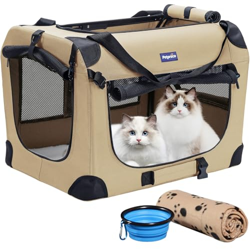 Petprsco Transportbox für Haustiere, weiche Seiten, für Katzen, kleine Hunde, 3-türig, weich, faltbar, mit Gurten für Katzen, Welpen, Reisen, zusammenklappbar, komfortabel, Design tragbar