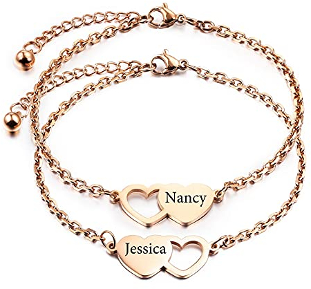INBLUE 2~3 PCS Personalisierte Herzform Armbänder Set Bester Freund Name Angepasst 1~3 Namen Beste Freundin Geschenke für Frauen Freundschaft BFF Armbänder für 2~3 Schwestern (Roségold 2 Stück)