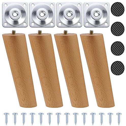 Moendergo 4 Stück Holz-Möbelbeine, Ersatz-Sofabeine, Couchbeine, Tischbeine, Kommodenbeine mit Schrauben, Montageplatte und Anti-Rutsch-Schutz (15CM A)