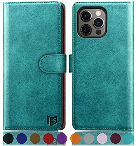 SUANPOT Cover per iPhone 13 Pro 6,1 pollici Blocco RFID Portafoglio Slot CarteSupporto Cellulare Magnetica custodia Pelle Sintetica Cover per apple 13 Pro Blu verde