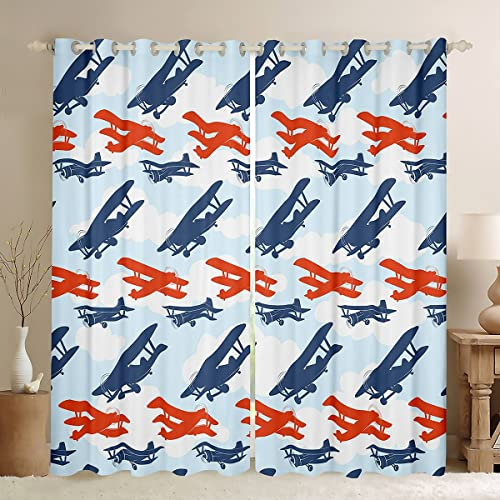 Sunnybed Kinder Flugzeug Fenster Behandlung Blue Sky Flugzeug Fenstervorhänge 55X96,Rot Blau Flugzeug Vorhänge für Kinder Jungen Zimmer Dekor,Airliner Flugzeug Vorhänge Luftfahrt Schlafzimmer Dekor