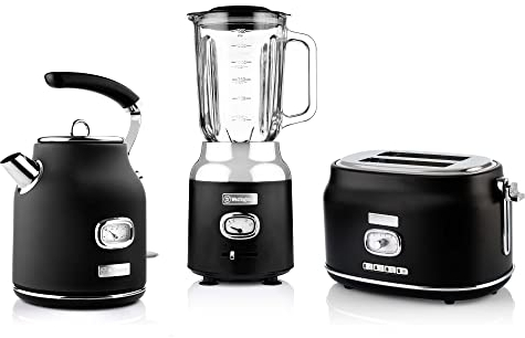 Westinghouse Retroline Frühstück-Set Schwarz, Toaster, Standmixer & Wasserkocher, 1.7 Liter & Kalkfilter, Zwei Schlitz Toaster mit Brötchenaufsatz, Standmixer mit 3 Geschwindigkeitsstufen
