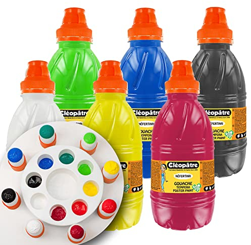 CLEOPATRE – Lot de 6 Bouteilles de Peintures Gouache de 500ml, Palette et 8 Tampons Pochoirs – Couleurs Vives Lavables – École et Loisirs Créatifs pour Enfant