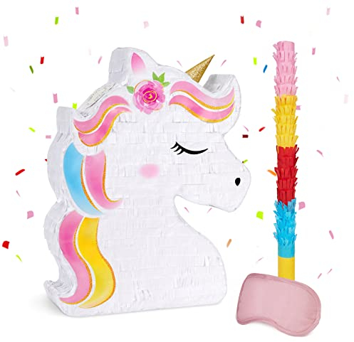 WERNNSAI Einhorn Pinata - Geburtstag Piñata Mädchen Kindergeburtstag Deko Einhorn Piñata mit Augenbinde Schlagstock Rosa Regenbogen Geburtstagsparty Dekorationen Partspiel Zubehör (40 x 31 x 8 cm)