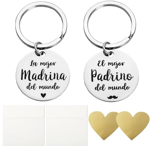 2PCS Porte-clés pour Parrain et Marraine en Espagnol+ 2PCS Enveloppes + 4PCS Autocollant à Gratter Cartes Cœur Parrain Marraine Demande Annonce Naissance Cadeau Surprise