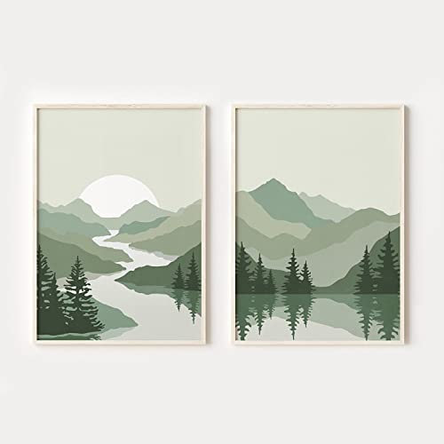 OTURRI Scandinave Voyage Paysage Affiche Toile tableau Peinture Sauge Vert Abstrait Montagnes Murale Art Tableaux Salon Decoration 50x70cmx2 Sans Cadre
