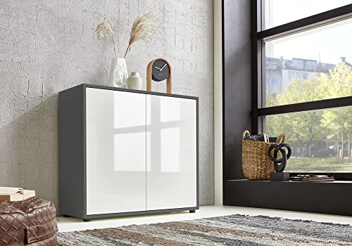 moebel-dich-auf Schuhschrank Ben 4 Kommode Sideboard Türkommode (anthrazit/weiß Hochglanz)