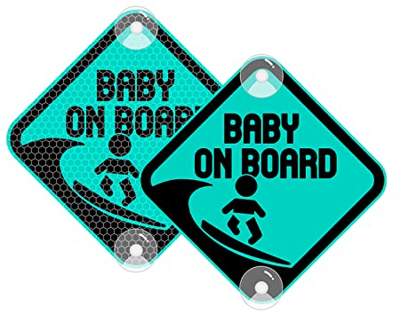 Vesvory Baby an Bord Surf Aufkleber für Autos, reflektierende PVC Auto Aufkleber mit Saugnäpfen Doppelseitiges Baby an Bord Reflektierende Auto Aufkleber, 4.72x4.72 in (Reflektierende Mintgrün)