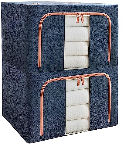 mehrido Starre Faltbare Kleideraufbewahrung mit Reißverschlüss, Metallrahmen - 2 Stück 66L stapelbare Kleiderboxen - Aufbewahrungstasche für Kleidung Bettwäsche Decken Tröster (50x40x33 cm) (navyblue)