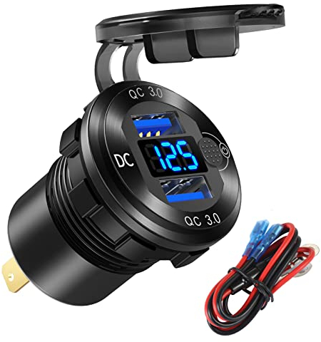Toma USB 12V/24V Quick Charge 3.0 Dual USB Cargador de Coche con voltímetro Azul, Cargador U-S-B mechero de Aluminio Impermeable DIY Kit para el Coche Marina Motocicleta RV Barco Golf Cart, etc.