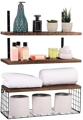 BELLE VOUS (3er Pack Braunes Wandregal Holz Set - 42 cm Lang - Rustikales Schwebendes Regal mit Korb - Wandregal Badezimmer, Schlafzimmer, Wohnzimmer, Küche oder Büro