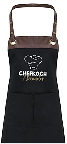 TASSENPALAST Premium Grill-Schürze mit Spruch personalisierbar mit Wunschnamen - Lustiger Spruch/Sprüche Grillschürze Lustig - Unisize (Chefkoch - Schwarz)