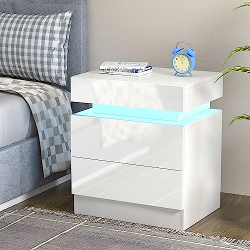 PIPIPOXER Nachttisch Weiß mit LED, Nachtkommode mit 2 Schubladen und Hochglanz Kommode Nachttisch Nachtschrank Tisch, Led 16 Farben Beleuchtung Beistelltisch für Wohnzimmer, Schlafzimmer, 45x35x52cm
