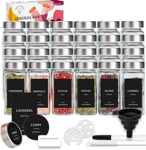 Happy Lemuro Gewürzgläser Eckig [24 x 120 ml] Gewürzbehälter mit 301 Etiketten, Edelstahldeckeln | Gewürzdosen Set | Gewürzaufbewahrung, Gewürzglas, Gewürz Organizer, Streueinsatz