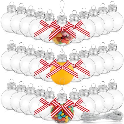 Sliner 36 Stück Weihnachtsgetränke-Kugeln, transparent, befüllbare Ornamente, Weihnachtsbaum, Kunststoff, Ornament, Bälle, Dekorationen, mit Fliege und Seil für Heimwerker, Basteln, befüllbare
