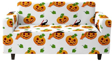 DOTBUY-SHOP Elastische Stretch Sofa überzug, Halloween Couch überzug 1 2 3 4 Sitzer Weicher Stretchbezug Sofabezug Sofa Cover Universal Sofaschoner Möbelschutz (90-140cm,Kürbisgesicht)