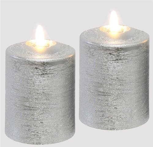 Flair Flower LED Kerzen 2er Set Warmweiß Echtwachs Silber 10x7,5 cm Dekoration Stumpenkerze Adventskranz