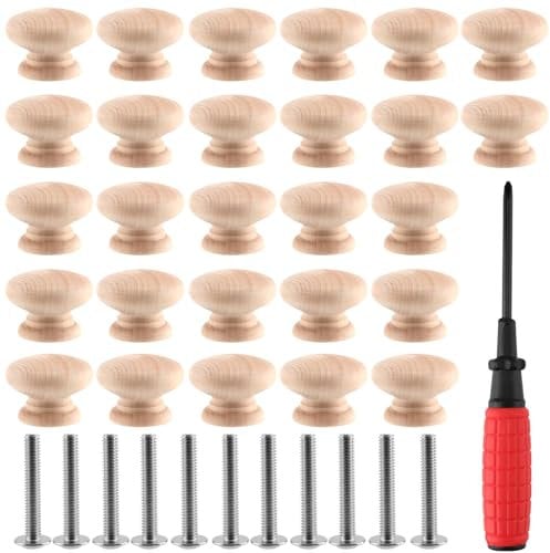 LEXININ 30 Pcs 35 x 25mm Wooden Door Mushroom Knobs, Round Wooden Drawer Handles, Wood Cupboard Knobs with Screws and Mini Screwdriver