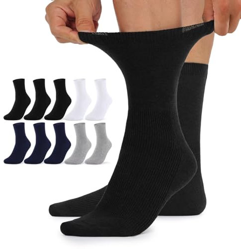 TUUHAW Diabetikersocken Herren 43-46 Diabetiker Socken 10 Paar ohne Gummi Comfort Baumwolle Schwarz Weiß Grau Dunkelblau Herrensocken Gesundheitssocken ohne Bund ohne Gummibund