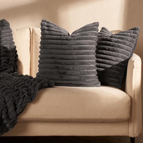 OHS Faux Fur Ribbed Cushion Covers Charcoal Grey, Sofa Cushions Throw Pillows Sofa Bedroom Living Room Cuddle Cushion Lounger Covers for Cushion Inserts, Pack of 4
