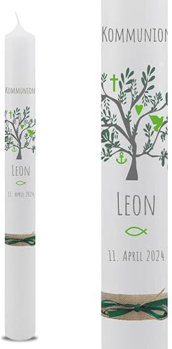 VILLA ROSA LOTTA – Personalisierbare Kommunionkerze „Leon“ mit Wunschdaten und Rückseite | Lebensbaum Motiv | 40 cm x 4 cm | für Jungen und Mädchen | Altarkerze elfenbein