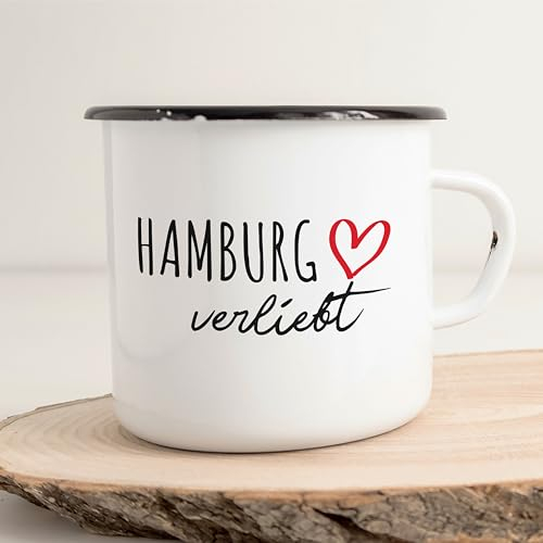 huuraa Emaille Tasse Hamburg verliebt Geschenk Kaffeebecher Vintage 300ml Hamburg Geschenkidee