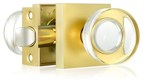 HIMEETIME Passage Function Clear Crystal Glass Door Knobs Interior, Modern Gold Door Knob with Square Plate, Modern Polished Crystal Brass Door Knobs for Closet Hallway