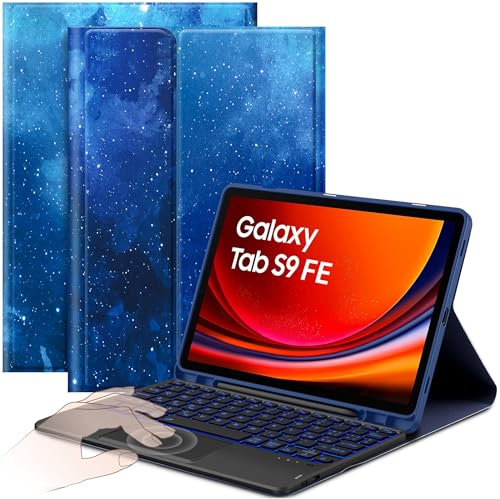 CACOE Cover con Tastiera per Samsung Galaxy S10 FE 10.9 2025/ S9 FE 10.9 2023/ S9 11 2023 con Touchpad, Custodia con Portapenne Tastiera Wireless Staccabile con Illuminazione a 7 Colori,Stella Blu