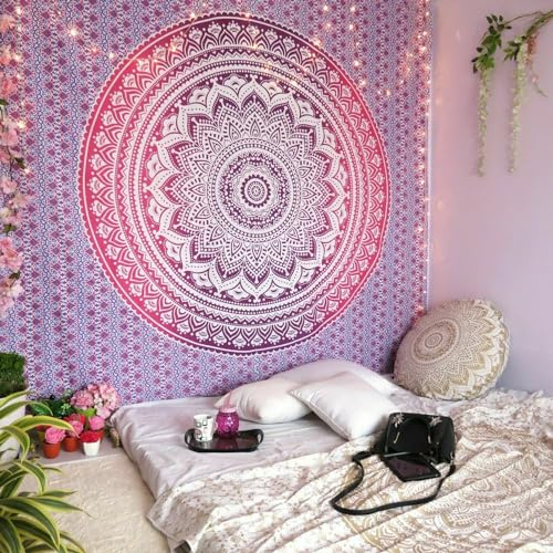 AVA Collections Rosa Ombre Mandala Baumwolle Tapisserie Wandbehang Hintergrund Dekorative Baumwolle Tagesdecke Überwurf Strand Picknick Matte Schlafzimmer Heimdekoration (Lila-Ombre Mandala, 215 x 140