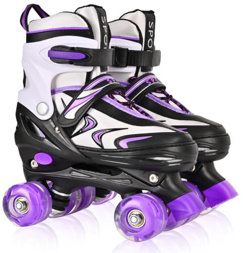 Patines Ajustables para Niños Niñas Principiantes, Patines de 4 Tamaños para Niños Pequeños o Grandes con Ruedas Luminosas (Violeta, Large)
