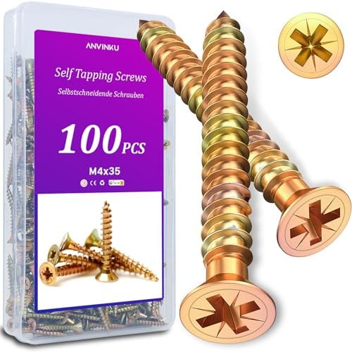 ANVINKU Wood Screws - 100 Pcs, M4 x 35mm, Zinc Finish, Countersunk, Self Tapping, Assorted for Furniture Repairs