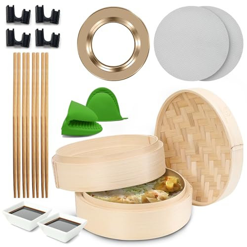 Gourmet-Heaven Kit de cesta de vapor de bambú, 2 niveles, 10 pulgadas de diámetro para cocinar albóndigas, bollos Momo y Bao con vapor, comida asiática y china, con anillo adaptador de inserción de