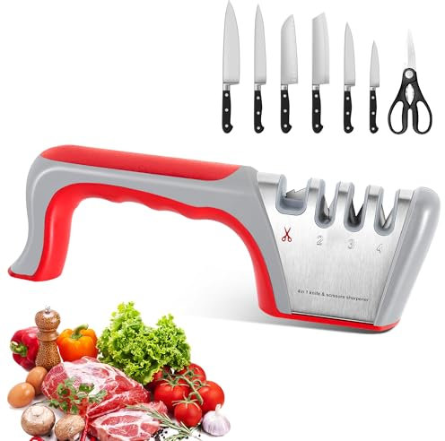 WUFANC Messerschärfer Profi, 4 Stufen Messerschleifer mit Scherenschleifer, Manuelle Knife Sharpener mit Grobschliff, mittelfeinen Schliff, Feinschliff, Messer Schärfen Ideal für Kochmessern, Scheren