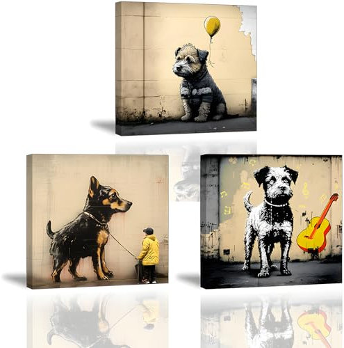 Piy Painting Leinwand Bilder Graffiti-Stil, Hund, Tier Wandbilder, Kunstdrucke Bild auf Leinwand Modern Poster und Kunstdrucke mit Innenrahmen für Küche Büro Wohnzimmer Wanddeko 3Stück 30x30cm