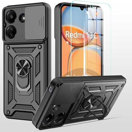 TTYSHTT for Xiaomi Redmi 13C Case with Tempered Glass Screen Protector and Camera Cover Protection Cover Shockproof Heavy Duty [Military-Grade] Rugged Phone Case with Kickstand (Black)