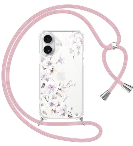 Yoedge Handyband Handyhülle für iPhone 16 6,1 Hülle mit Band, Durchsichtig Aesthetic Muster Blumen Mädchen Case mit Kordel zum Umhängen, Weiche Silikon TPU + PC Stoßfest Schutzhülle Cover, 05