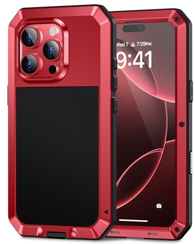 Lanhiem for iPhone 16 Pro Metal Case, Heavy Duty Shockproof Tough Rugged Case with Built-in Glass Screen Protector, 360 Full Body DustProof Protective Cover for iPhone 16 Pro 6.3, Red