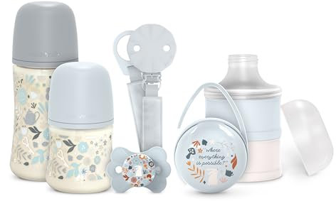 Suavinex, Coffret Cadeau Nouveau-né. Kit Biberons Anti-Coliques 150 ml et 270 ml + Sucette 0/6 Mois avec Tetine Symétrique SX Pro + Doseur Lait + Attache-sucette + Boîte à Tétines. Wonderland Bleu