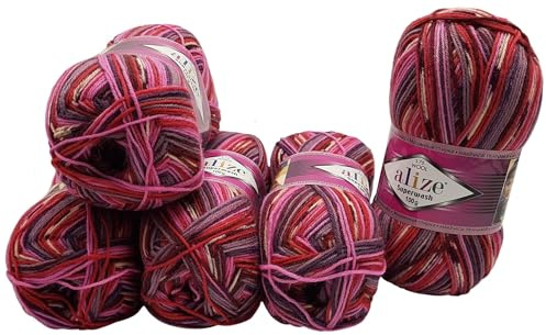 5 x 100 Gramm Superwash Sockenwolle einfarbig und mehrfarbig, 75% Schurwolle, 500 Gramm Wolle für Stricksocken und Strümpfe (lila flieder rosa u.a. 2698)
